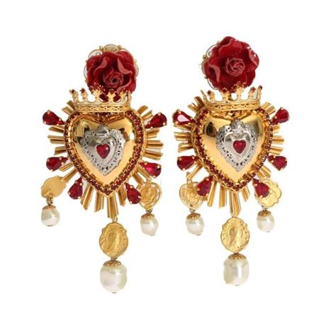 Dolce And Gabbana Gold Crystal Red Roses Heart Dangling Clip On Earring