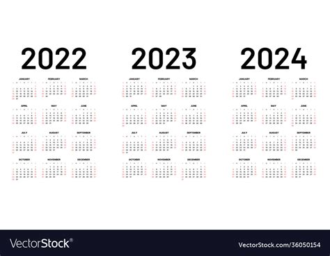 Monthly Calendar For 2022 2023 And 2024 Years Vector Image