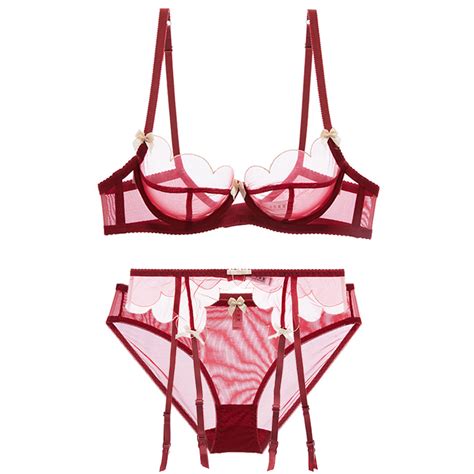 French Ultra Thin Cup Sexy Lace Lingerie Bra Set Womens Honmei Year Bra Suspender Stockings Red