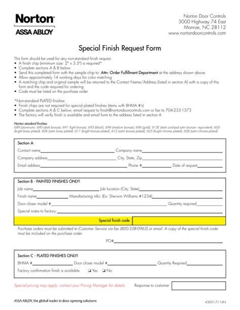 Special Finish Request Form