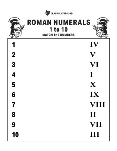 Printable Roman Numerals Match 1 To 10 Class Playground