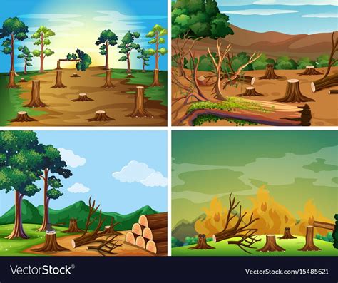 Four Scenes Of Deforestation And Wild Fire Illustration Download A Free Preview Or High Quality