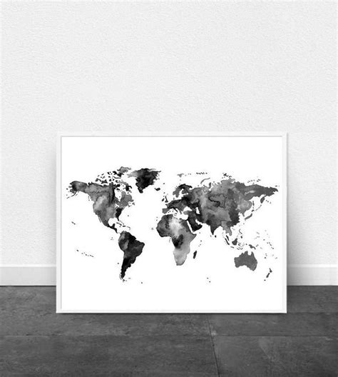 World Map Watercolor Painting Black And White Wall Art Large Etsy