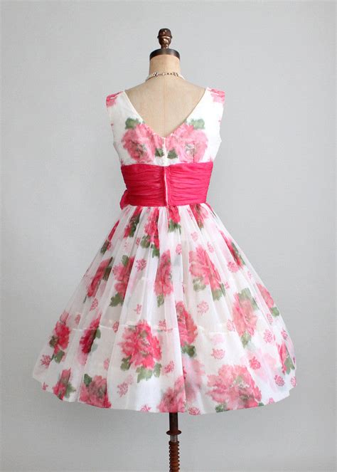 Vintage 1950s Pink Roses Chiffon Party Dress Raleigh Vintage