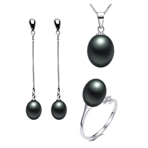 Black Color Natural Freshwater Pearl Jewelry Sets 8 9mm Pearl Necklace