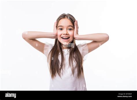 Portrait Of Surprised Little Girl On White Stock Photo Alamy