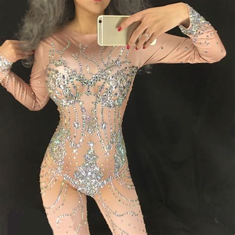 Sparkly Crystals Jumpsuits Rhinestones Sexy Bodysuit Stage Performance Female Birthday Celebrate