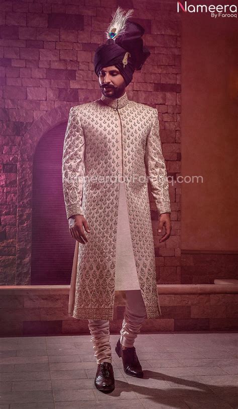 Classy Pakistani Clothes Men Sherwani With Turban In Red Nameera By