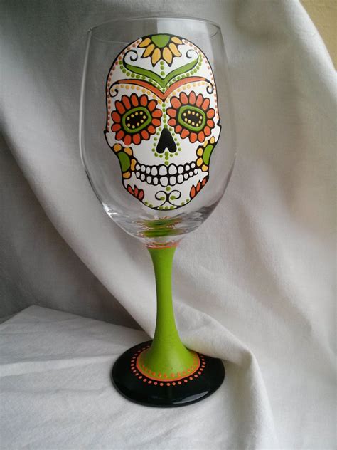 Sugar Skull Hand Painted Wine Glass Dia De Los By Paintfromscratch Hand Painted Wine Glasses
