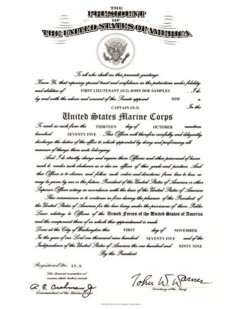 United States Marine Corps Officer Promotion Certificate 85x11