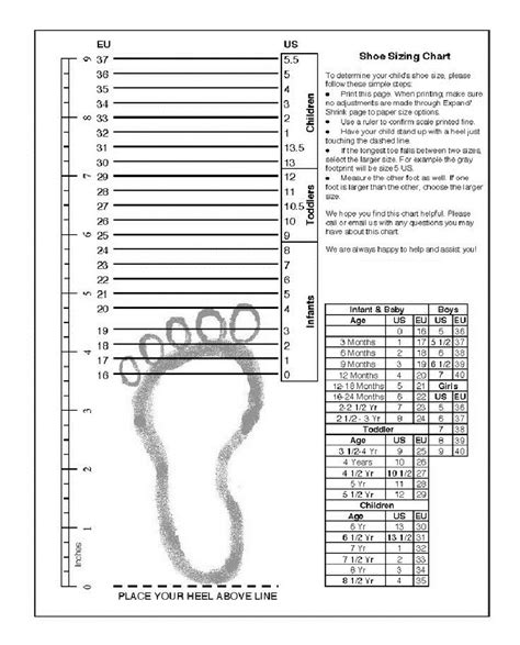 Printable Shoe Size Chart Adult 1 Sovereign Lake Nordic Club