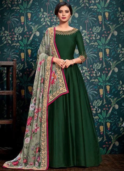 Buy Dark Green Embroidered Abaya Style Anarkali Suit Online Sku Code Slscch9110145 This Gr