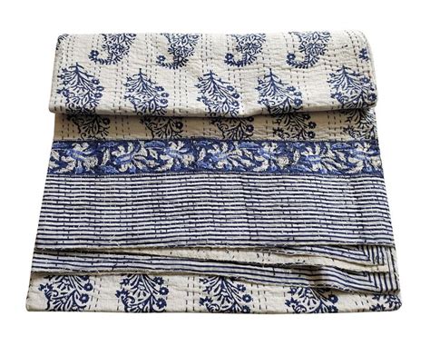 Blue Floral Kantha Bedcover Kantha Quilt Kantha Home Decor Etsy