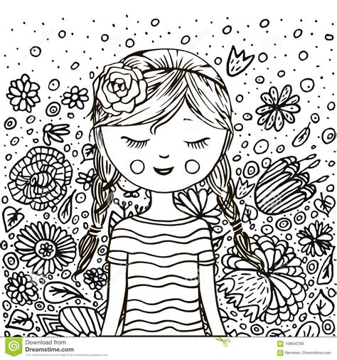 Cute Little Girl Pattern Doodle Coloring Book Stock Vector