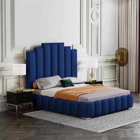 Harlow Blue Plush Velvet Bed Bedroom Furniture Beds Modern Beds