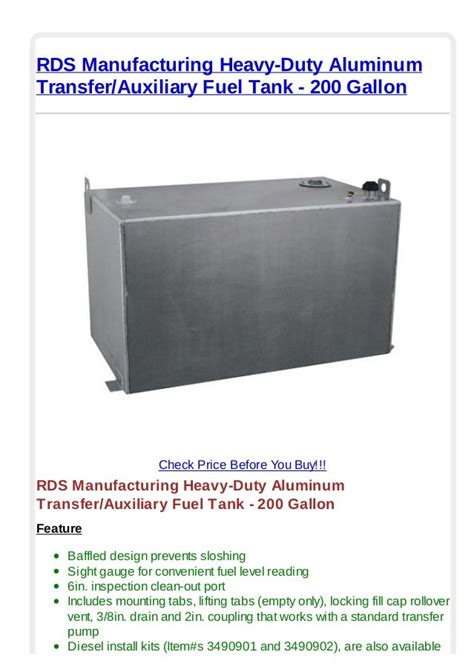 Rds Manufacturing Heavy Duty Aluminum Transfer Auxiliary Fuel Tank