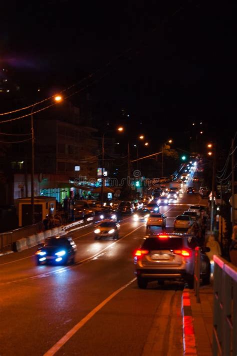 Night Highway Cars Drive Along A Narrow Road Headlights Cars Road