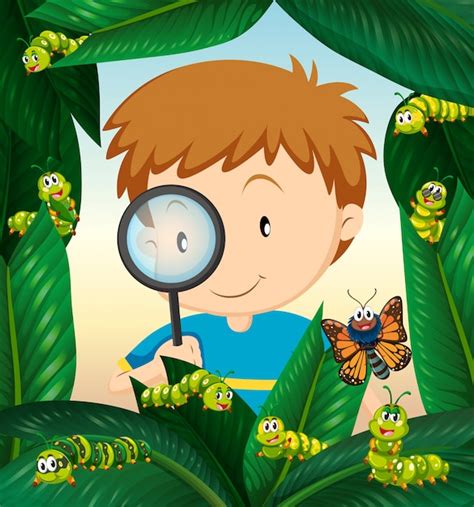 Premium Vector Boy Observing Insect Life On The Leaves Illustration