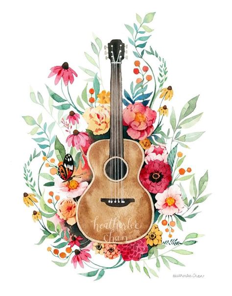 Guitar And Flowers Art Watercolor Etsy ウクレレアート フラワーアート アートペインティング