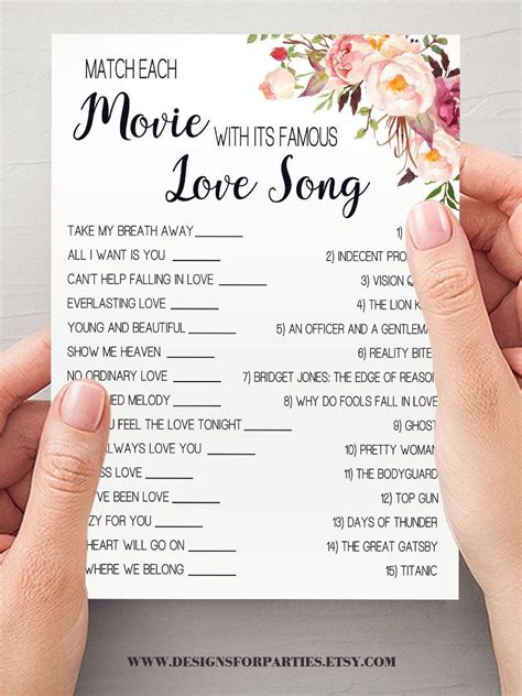 Match The Love Song Game Bridal Shower Activity Game Pink Etsy In