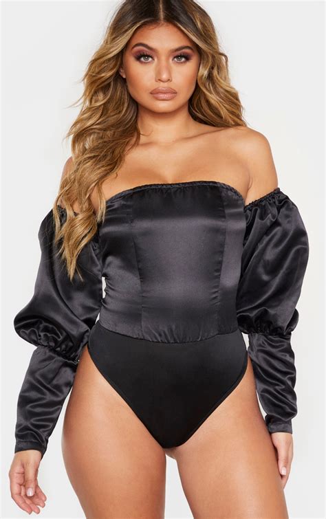 Black Satin Oversized Puff Sleeve Bardot Bodysuit Prettylittlething Usa