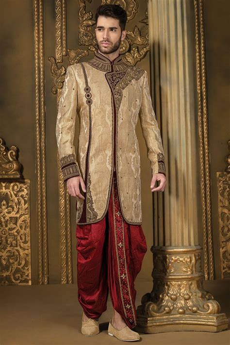 Gold And Maroon Khinkwab And Velvet Dazzling Jodhpuri Bandh Gala Sherwani