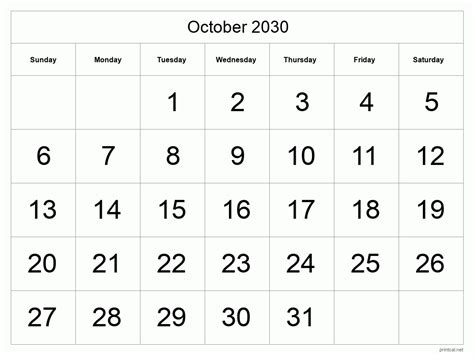 Printable October 2030 Calendar Free Printable Calendars