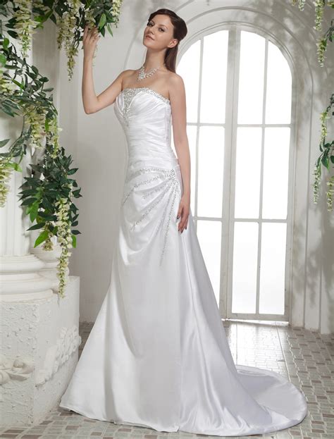 White Satin Beading A Line Sleeveless Brides Wedding Dress