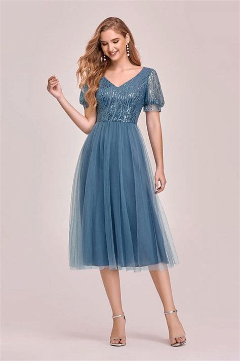 Dusty Blue Tea Length Tulle Party Dress With Short Sleeves 6248