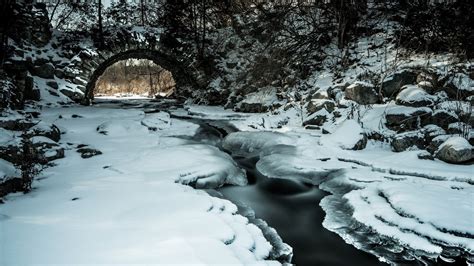 Nature Winter Ice Landscape Water Stream Snow Bridge Branch