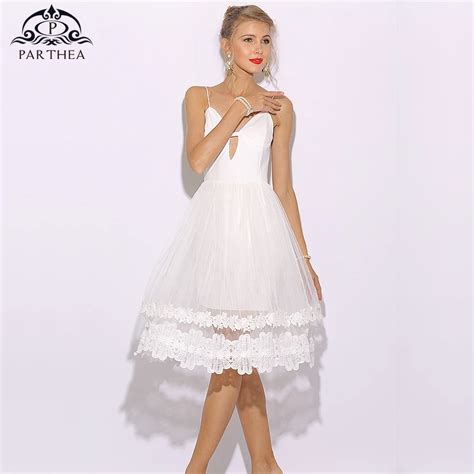 Parthea Sleeveless Women Summer Dress Elegant Lace Sheer White Dress
