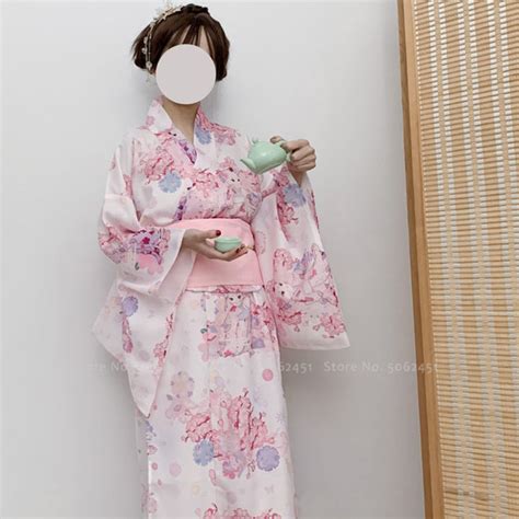 Women Girl Elegant Kimono Japanese Style Traditional Sakura Print Yukata Dress Bathrobes Pajamas