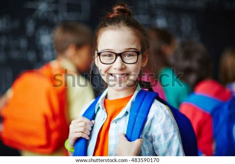 Portrait Schoolgirl Glasses Smiling Camera Stock Photo 483590170