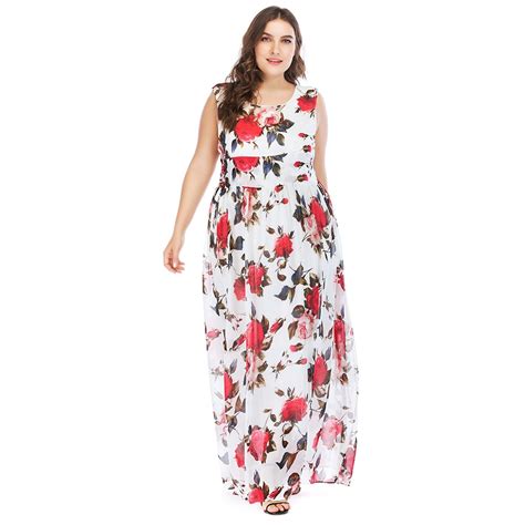 Plus Size Summer Dress Xl Xxxxl 5l 2018 Women Sleeveless Tank Retro Bohemian Floral Print White