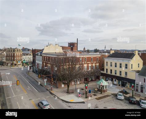 Aerial Of Downtown Hanover Pennsylvania Next To The Square Stock Photo