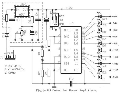The circuit diagram of the vu meter is show in below figure, working of vu meter circuit is simple; Build a 10 LED Bar Dot VU Meter Circuit based LM3915 | Circuits Diagram Lab