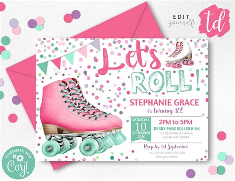 Invitations Announcements Paper Skate Party Birthday Invitations Girl Printed Vintage Pink