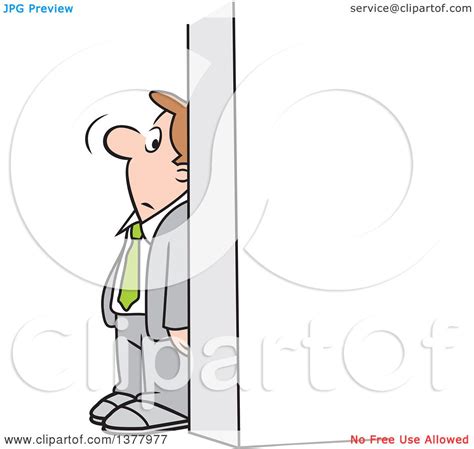 Clipart Of A Cartoon White Businessman Hiding Behind A Wall Royalty