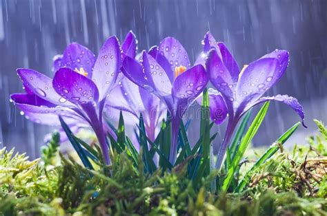 Spring Flowers Of Blue Crocuses In Drops Of Water On The