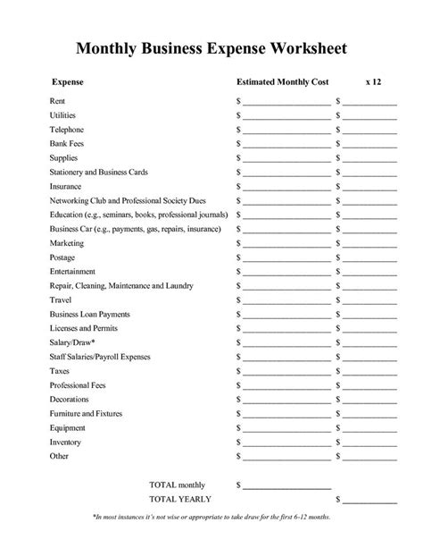 Printable Expense Worksheet