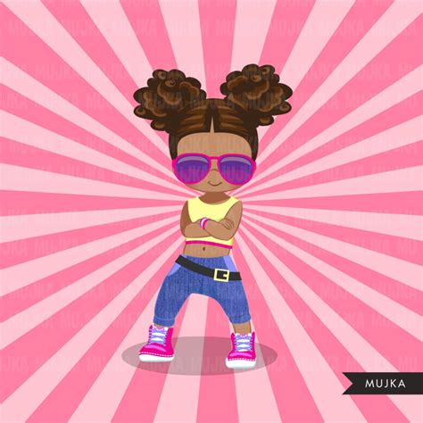 Afro Black Hip Hop Dancer Girls Clipart Fashion Break Dance Rapping Characters Digital