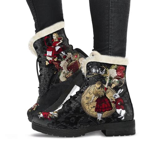 Faux Fur Combat Boots Alice In Wonderland Ts 34 Red Etsy