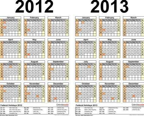 2012 2013 Two Year Calendar Free Printable Excel Templates