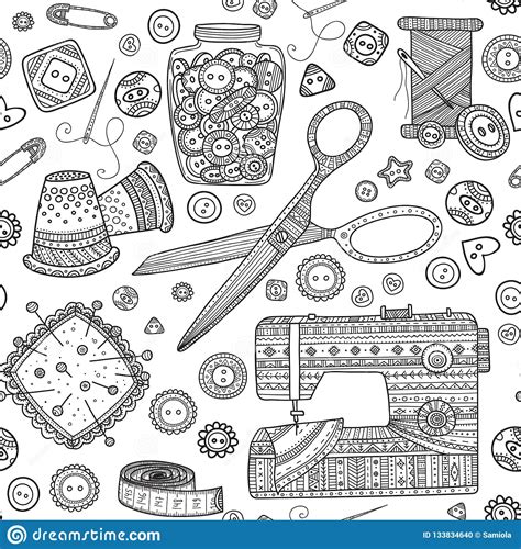 Vector Seamless Pattern With Needlework Tools Sewing Theme Stock