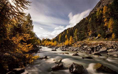 Switzerland Val Roseg Autumn River Trees Rocks Wallpaper Nature