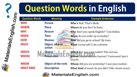 In the table below you have a list of all the question words with their meanings and an example of each of these words. Question Words in English - Materials For Learning English