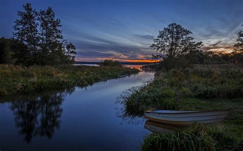 Picture Sweden Nature Boats Grass Rivers Evening Trees 1920x1200