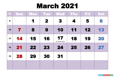 Free Printable March 2021 Calendar Word