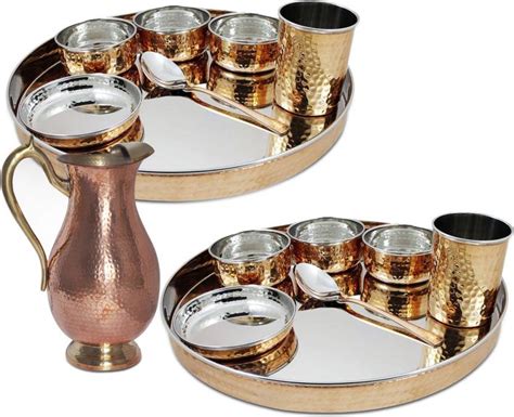 Dungri India Craft Pack Of 15 Copper Dinnerware Stainless Steel Copper Traditional Dinner Set Of