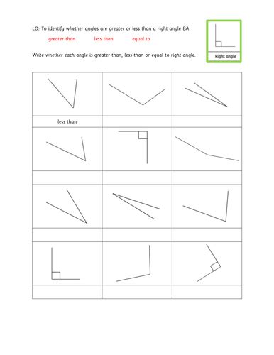 Year 3 Greater Than Less Than A Right Angle Differentiated Assessment